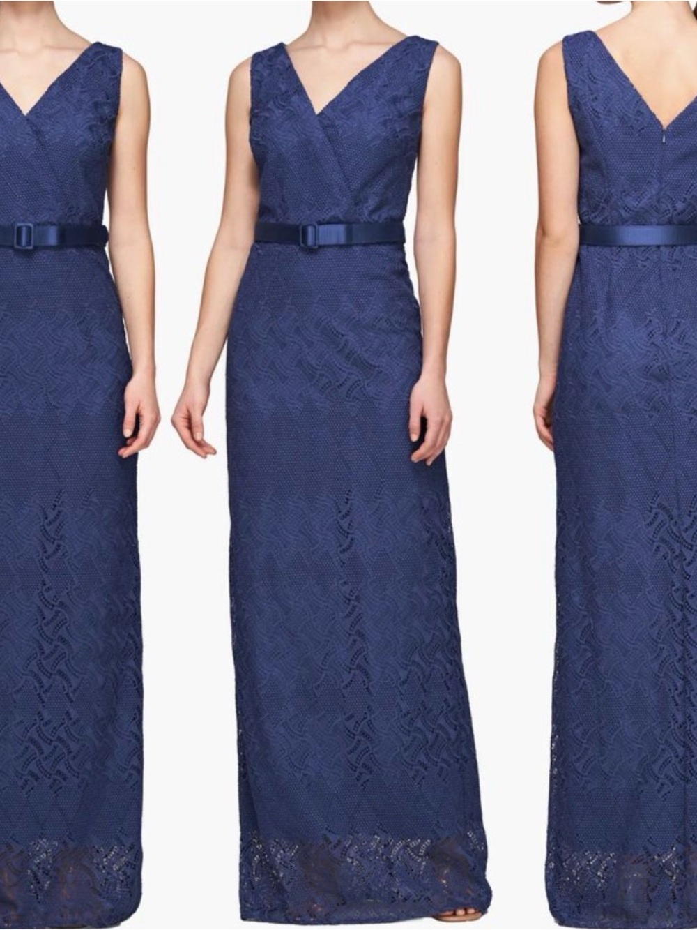 NWT Kay Unger Navy Lace V‑Neck Maxi Dress with Belt